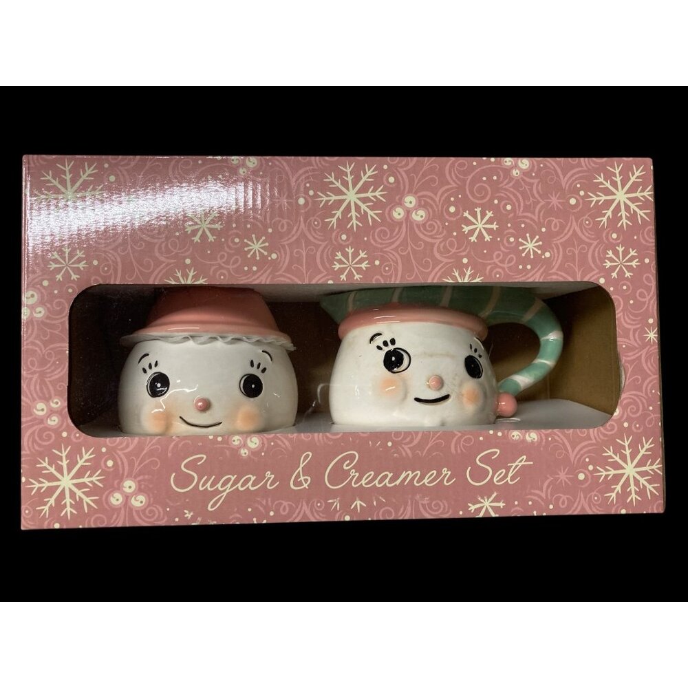 Johanna Parker Carnival Cottage Snowman Sugar and Creamer Set Pastel new in Box